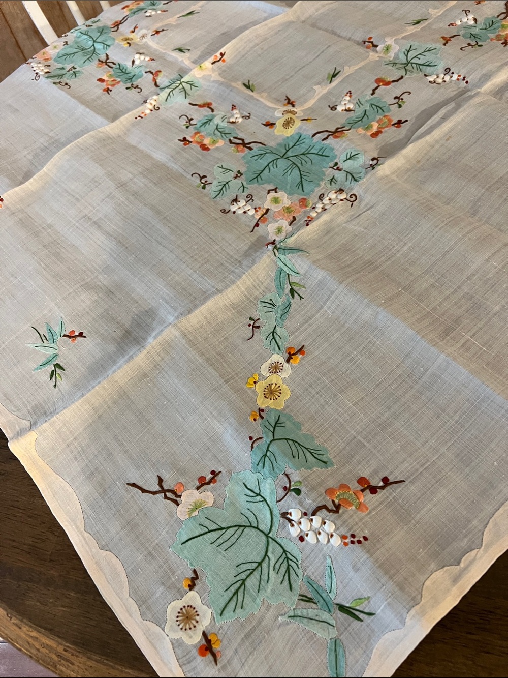Vintage Embroidered Floral Tablecloth - Cream with Teal and Yellow Accents - Picture 3 of 5
